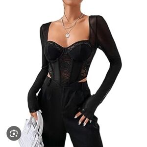 Womens Large Black Lace Long Sleeve Corset Top Goth Witchy Halloween